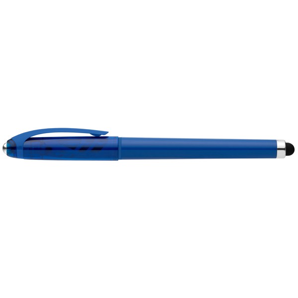 Stylo Prism en plastique recyclé avec stylet, boule anti-stress et encre gel - Bleu roi / Sérigraphie