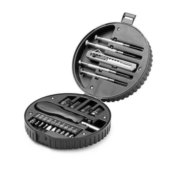 Personalised 20-piece tool set with wheel-shaped case