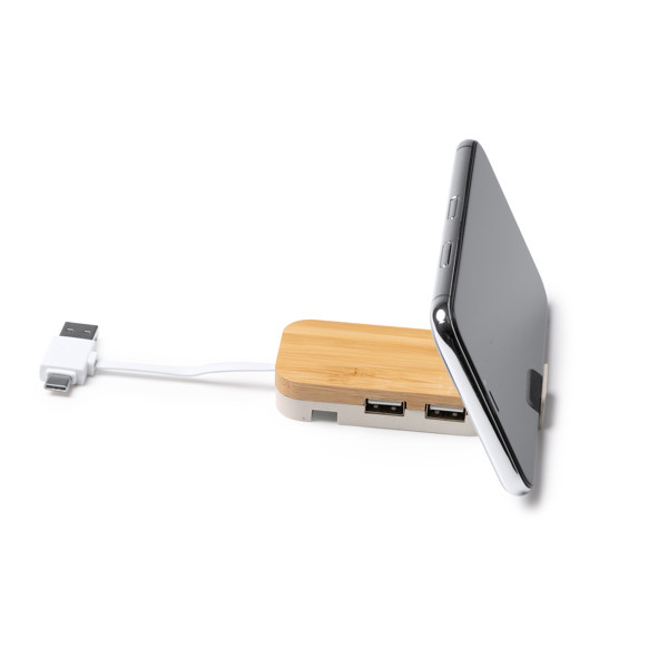 Hub USB personalizado de bambú con soporte para dispositivo y 4 puertos (2 USB-A y 2 USB-C)