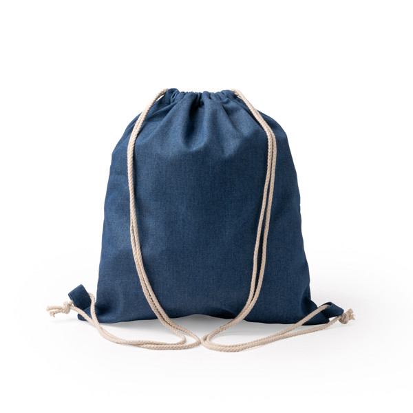 Mochila saco personalizada de tejido vaquero reciclado con cuerdas de algodón