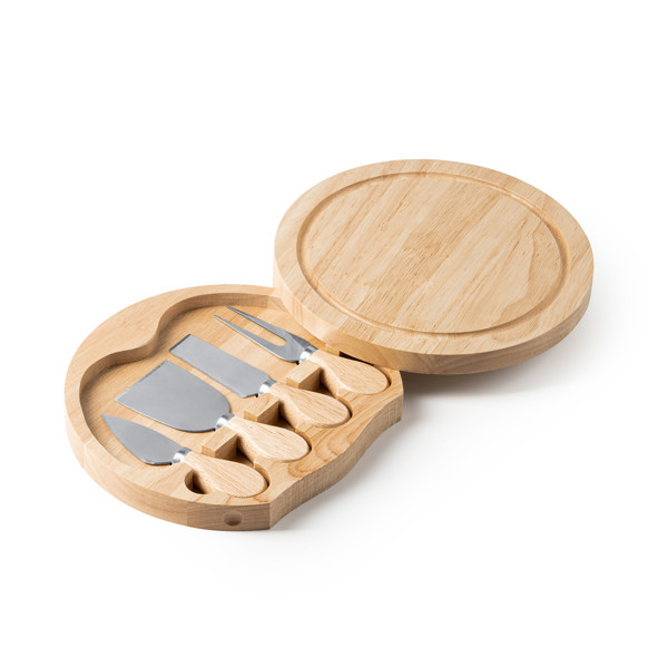 Set de quesos personalizado con utensilios de acero inoxidable y tabla de madera