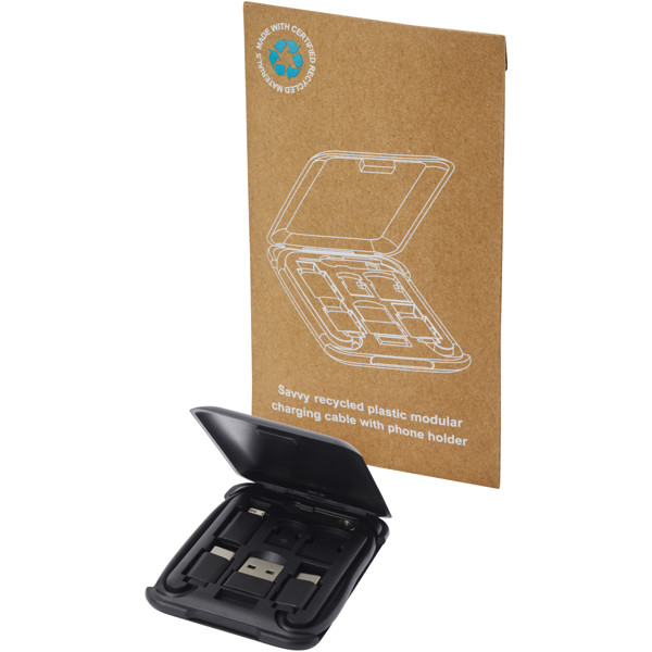 Savvy recycled plastic modular charging cable with phone holder - Black