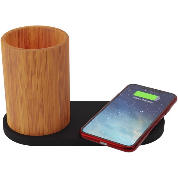 Station de charge sans fil et porte-crayon en bambou SCX.design W17 10 W avec logo lumineux