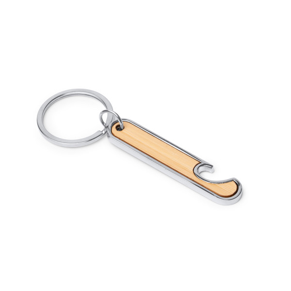 Personalised bottle opener keyring in steel and bamboo
