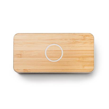 Altavoz inalámbrico personalizado de fibra de trigo y bambú 5W con carga inalámbrica 10W