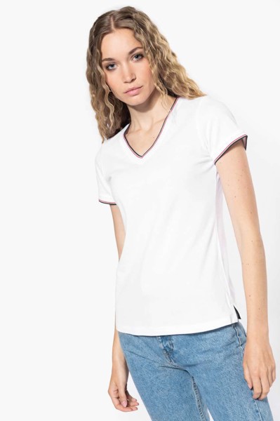 Ladies' Piqué Knit V-Neck T-Shirt - White / Navy / Red / 2XL