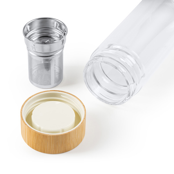 Personalised double-wall borosilicate glass bottle 420 ml with tea infuser and bamboo lid