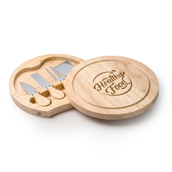 Set de quesos personalizado con utensilios de acero inoxidable y tabla de madera
