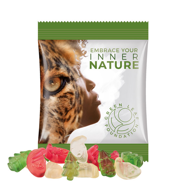 Mini bag, 15g, compostable foil transparent, Trolli fruit jelly gums Christmas mix | Trolli Christmas mix (Santa Claus und Christmas tree), 15 g