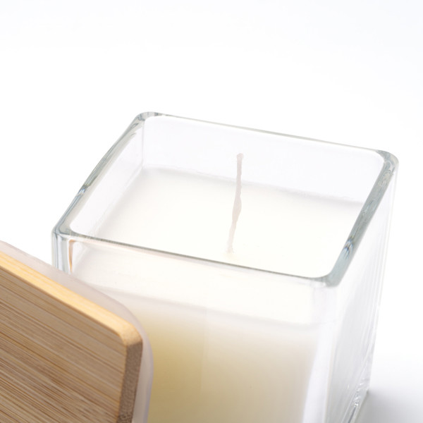 Personalised aromatic candle in glass jar with bamboo lid and vanilla scent