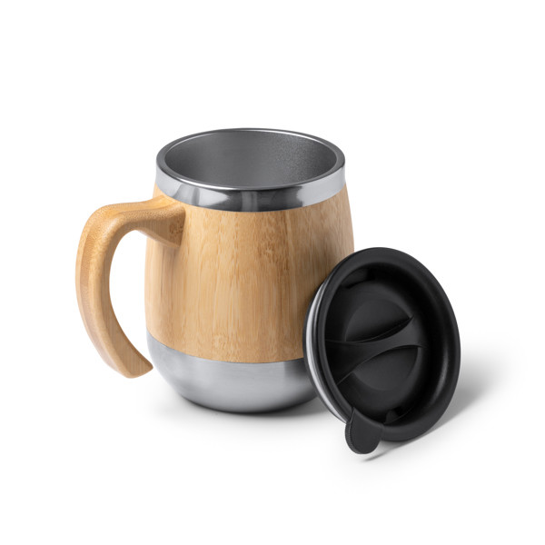 Personalised thermal mug in stainless steel and bamboo 450 ml with anti-leak dosing lid