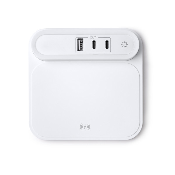 Cargador inalámbrico personalizado 15W con lámpara LED y puertos USB-C y USB-A
