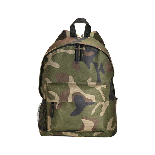 600D Polyester 3-Pocket Camouflage Backpack (One Mesh Side Pocket). Adjustable Shoulder