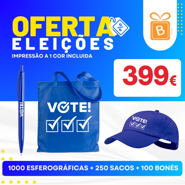 1000 Esferográficas + 250 Sacos + 100 Bonés com impressão a 1 cor