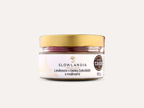 Lieskovce v bielej čokoláde s malinami 100g sklo
