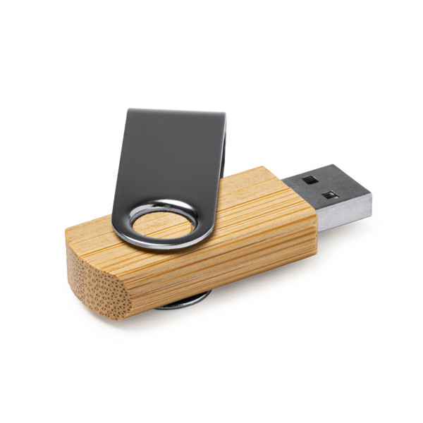 Personalised bamboo USB flash drive 16 GB with metal rotating clip