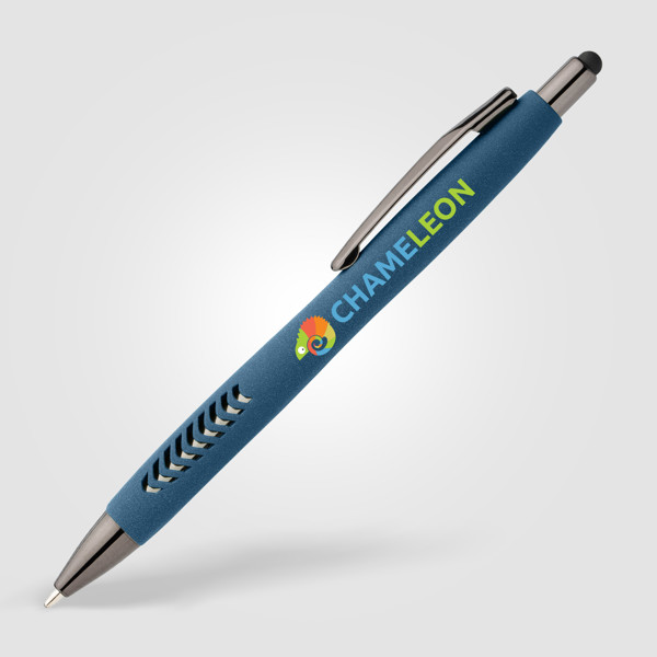 Stylo Avalon en plastique recyclé avec finition pierre et stylet - Bleu marine / Jet d’encre 4 couleurs