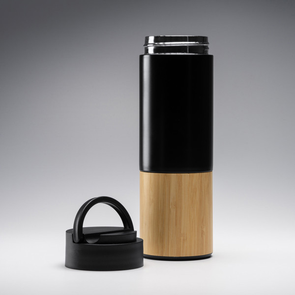 Personalized double-wall stainless steel thermal bottle with bamboo detail 450 ml