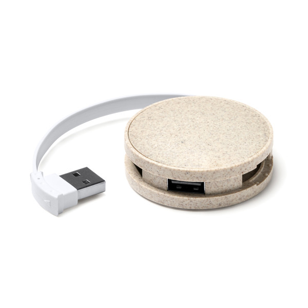 4-port USB hub personalised wheat straw with integrated cable