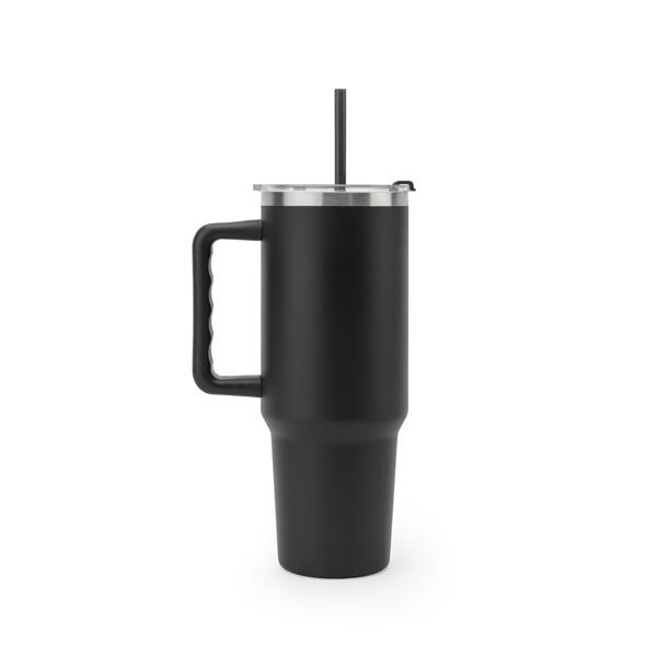 JOYNER XL. Veľký nerezový cestovný pohár (91% recyklovaný) s vákuovo izolovanou dvojitou stenou a matným povrchom 1300 mL - Čierna