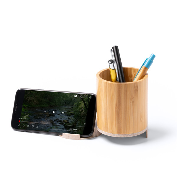 Lapicero organizador personalizado de bambú y fibra de trigo con cargador inalámbrico 15W extraíble