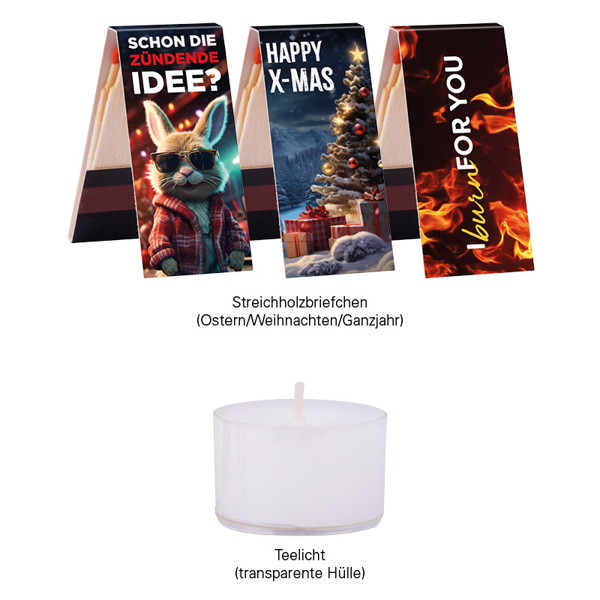 Klappbox S, Teelichter & Streichhölzer Ostern | 4 Teelichter und 1 Streichholzbriefchen, Ostermotiv, 90 g