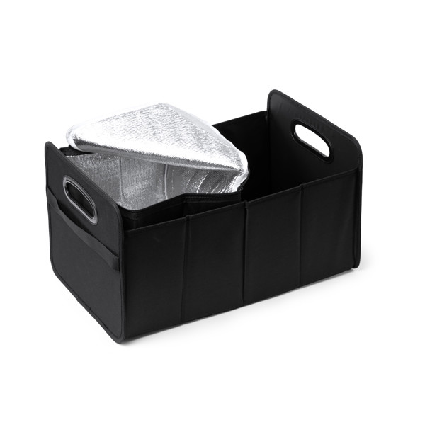 Foldable car trunk organizer with removable 12-litre isothermal cooler, custom branded in 600D polyester