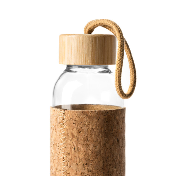 Personalised glass bottle 500 ml with cork sleeve and bamboo lid
