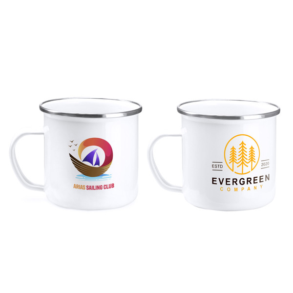 Personalised enamel metal mug 370 ml with silver rim retro style
