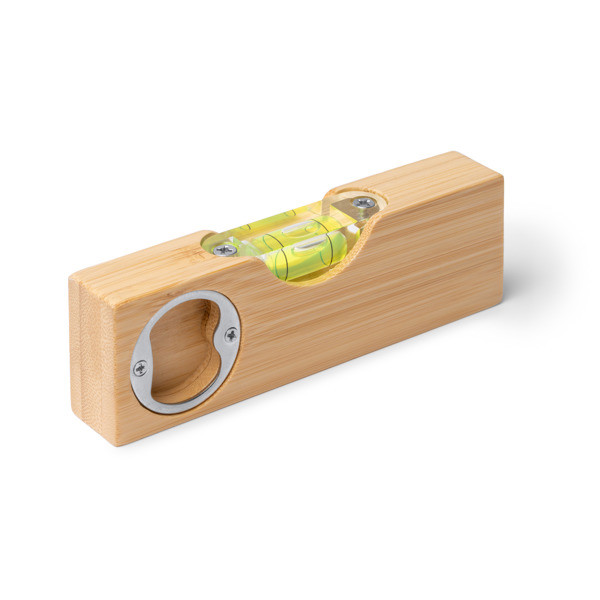 Personalised bamboo bubble level with metal bottle opener