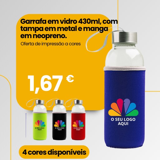 Garrafa em vidro 430ml, com tampa em metal e manga em neopreno. Oferta de impressão a cores