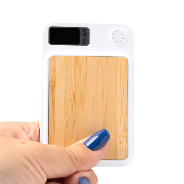 Custom bamboo and recycled ABS power bank 5000 mAh with 15W magnetic wireless charging