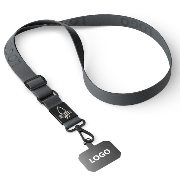 Suporte para telemóvel em forma de cruz feito de fita tecida com placa de metal gravada com o seu logótipo. Disponível em quantidades de 100 ou mais - Charcoal Grey