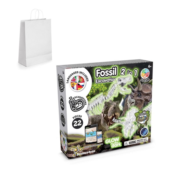 2 in 1 Fossil Excavation Kit II. Jogo didático fornecido com saco de oferta em papel kraft (90 g/m²), feito de material certificado FSC™ e outros materiais controlados