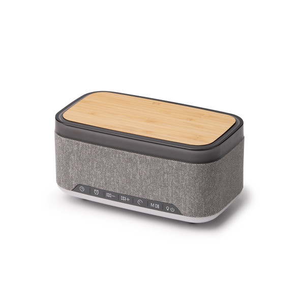 Altavoz inalámbrico personalizado de bambú y RPET con despertador, lámpara y carga inalámbrica 10W