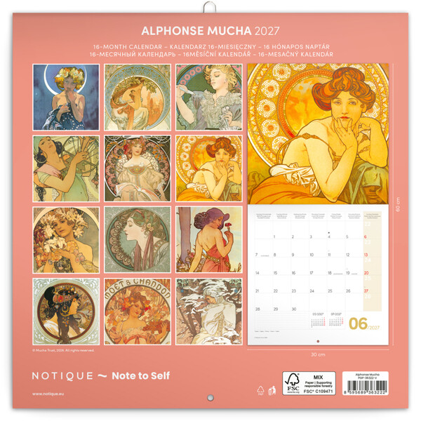 Notique Poznámkový Kalendář Alfons Mucha 2027, 30 x 30 cm - Východní