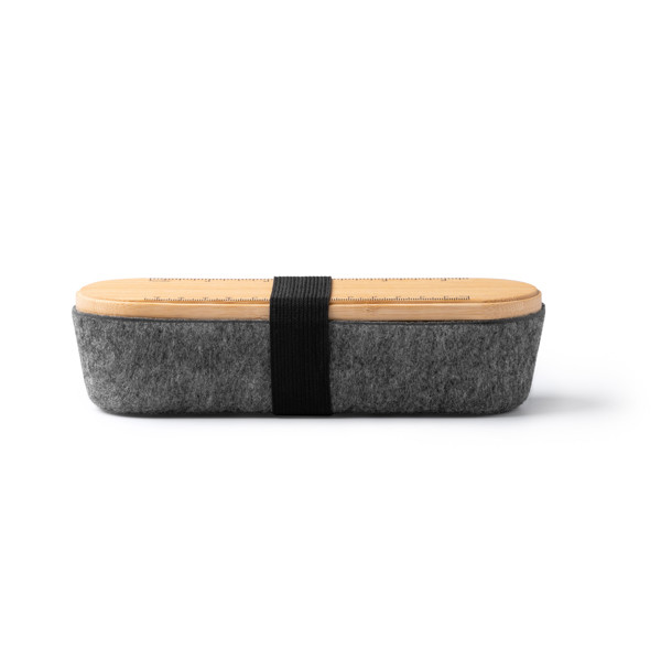 Estuche personalizado de bambú y fieltro reciclado con tapa-regla y soporte para smartphone