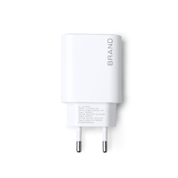 Personalised 2-in-1 travel adapter in recycled ABS with 25W fast charging