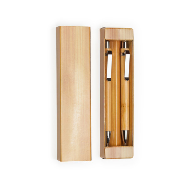 Personalised bamboo ballpoint pen and mechanical pencil set with metallic details