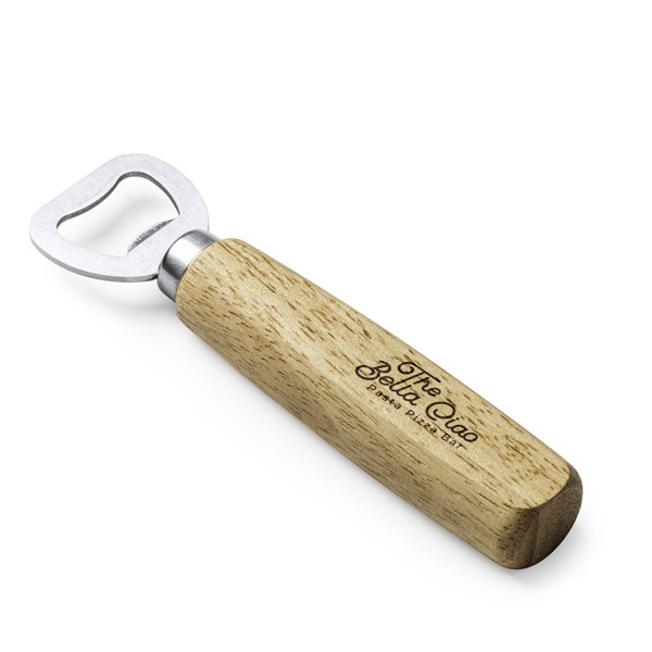Abridor de botella personalizado de acero inoxidable con empuñadura de madera