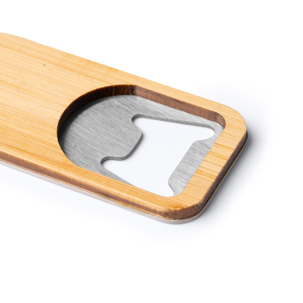Personalised bottle opener in bamboo and metal with magnet