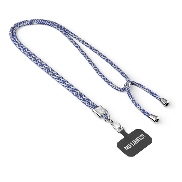 Moderno cordão cruzado para telemóvel em poliéster reciclado (rPET) de 2 tons - Branco / Dark Azure Blue / Acessórios prateados