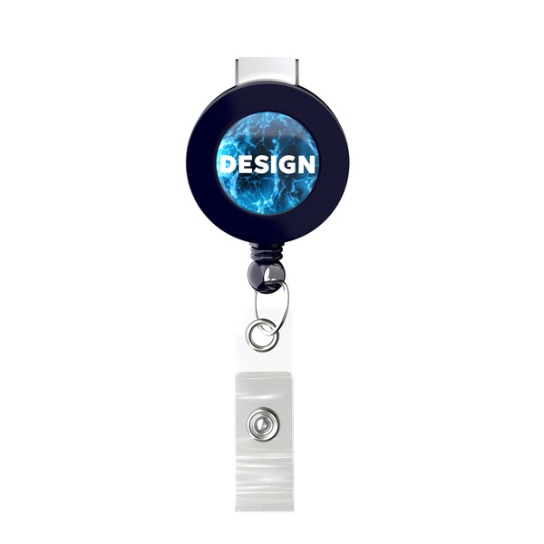 Carrete portacredenciales retráctil de forma redonda con logotipo de ⌀2cm - A todo color / Azul marino intenso / Bull dog clip